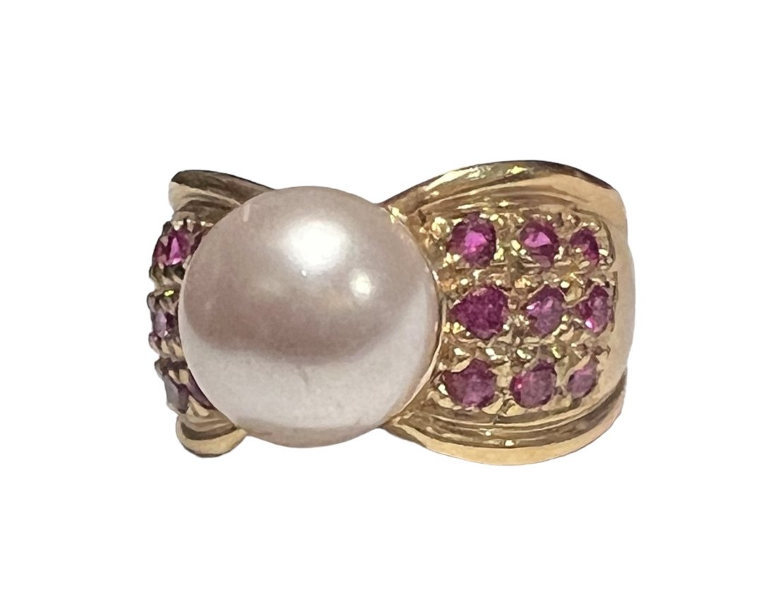 Sterling Silver Ring with a Gold Wash Pink Stones and Pearl (1 of 6)