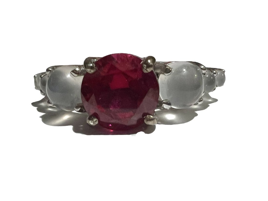 Unusual Sterling Silver Ring with Red Stone and Moonstone Cabochons (1 of 9)