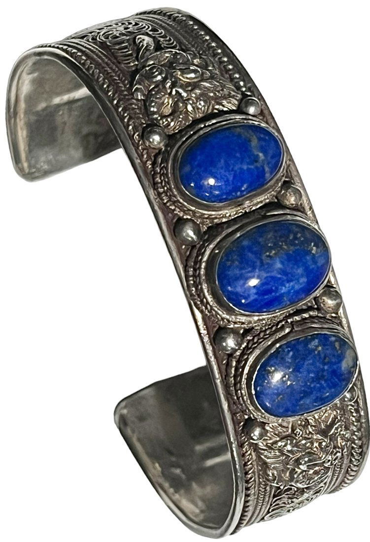 Spectacular Antique Sterling Silver Lapis Lazuli Cuff Bracelet with Snakes and  Dragons (1 of 11)