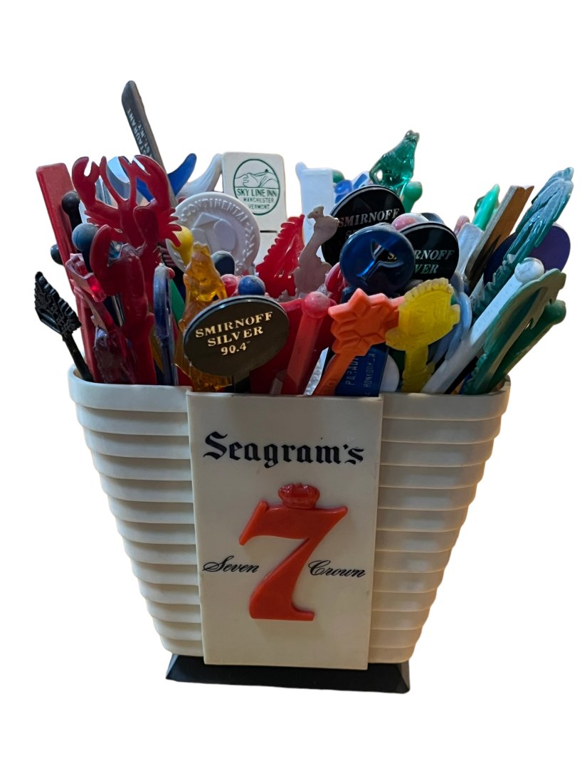 Vintage Seagram’s 7 Crown Whiskey Swizzle Stick Holder with Advertising Swizzle Sticks (1 of 6)