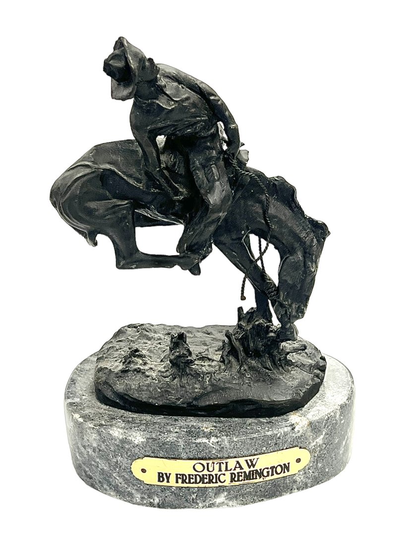 Vintage Frederic Remington Bronze Sculpture Outlaw Marble Base 9.5 Inches: Vintage Frederic Remington Bronze Sculpture known as Outlaw. Marble Base. 9.5 Inches tall including marble base, 6 inches wide by 4 inches deep.