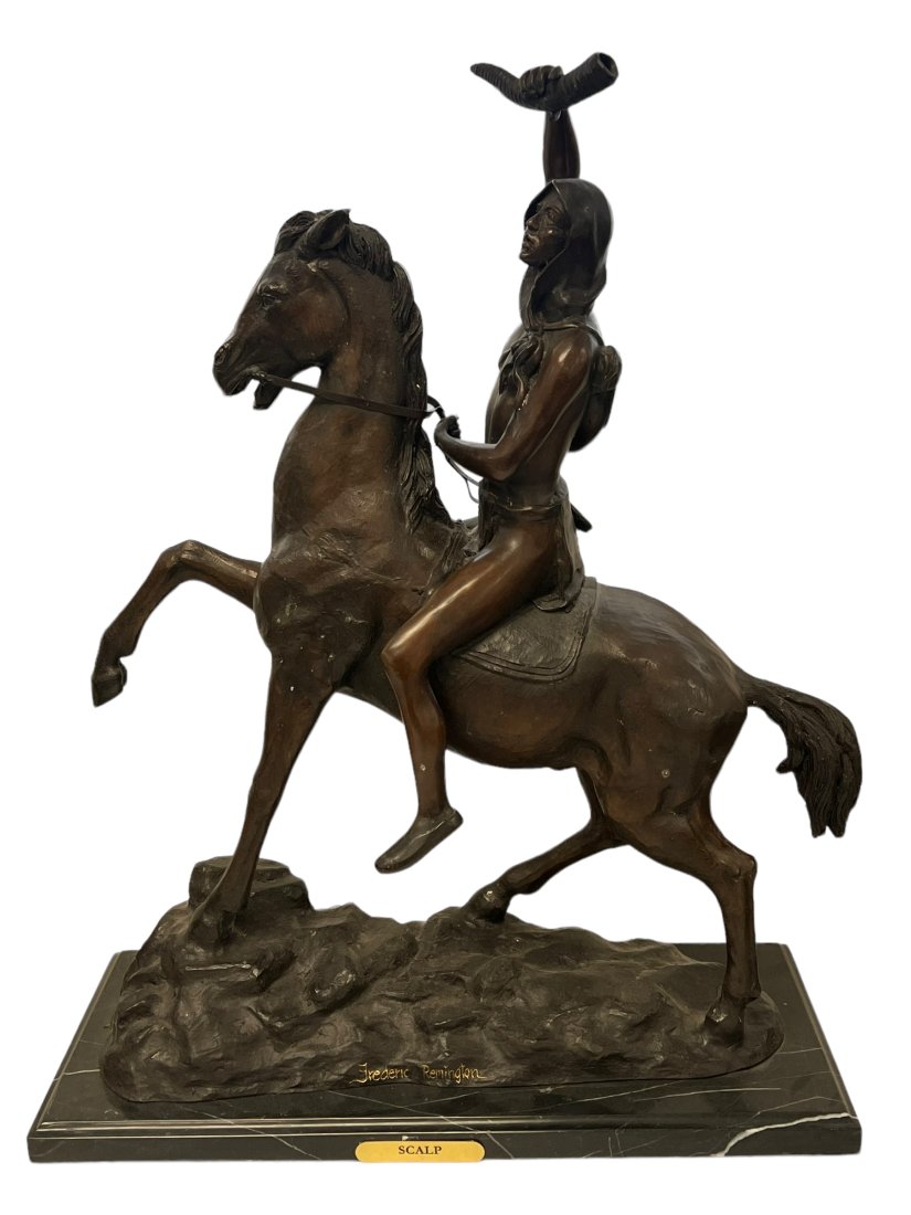 Extra Large Vintage Frederic Remington Bronze Sculpture Scalp Marble Base 24 Inches (1 of 6)