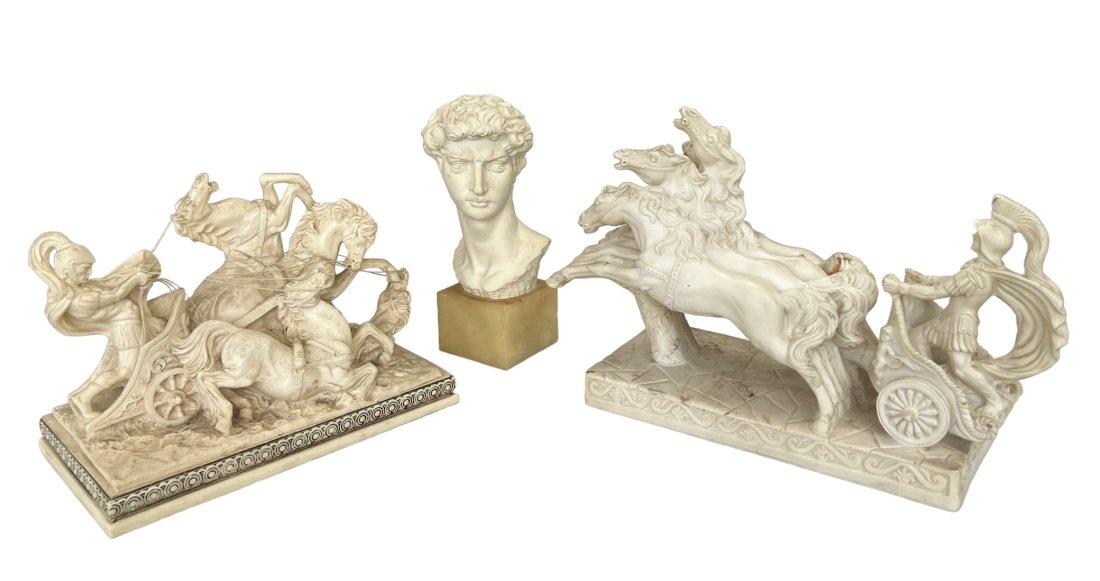 Lot of 3 Italian Composite Classical Statues: Lot of 3 Italian Composite Classical Statues. Two are signed Signed, One has a Made in Italy sticker.