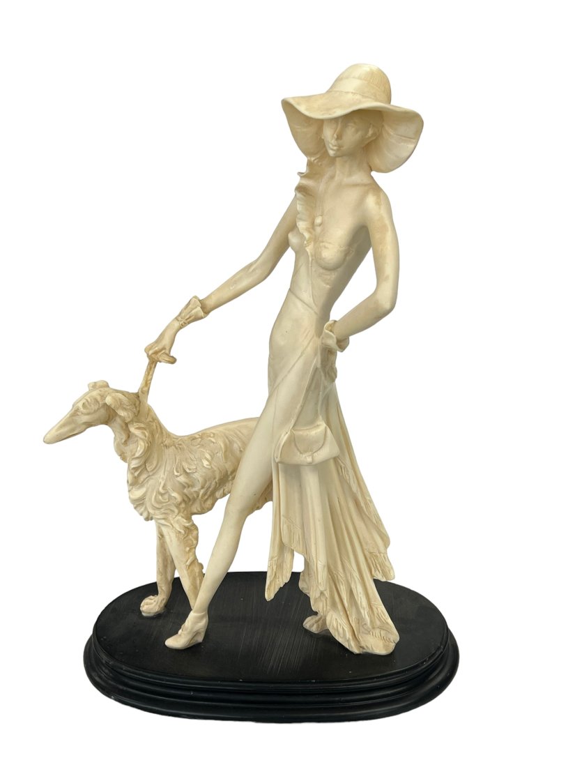 A. Santini Composite Sculpture of an Art Deco Lady with her Russian Wolfhound Dog: A. Santini Composite Sculpture of an Art Deco Lady with her Russian Wolfhound Dog.