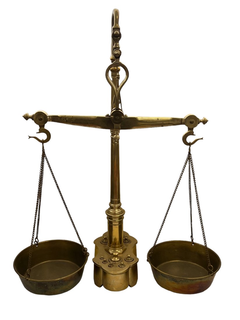 Antique Brass Balance Scale with Weights: Antique Brass Balance Scale with Weights.