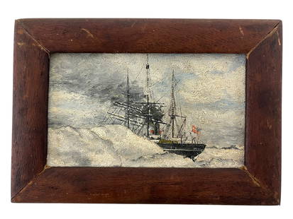 Antique Miniature Ship Painting of the America Oil on Board Signed: Antique Miniature Framed Ship Painting of the America, Oil on Board, Signed. There is provenance on the back that is a little hard to make out. It is signed possibly Carl Nielsen?