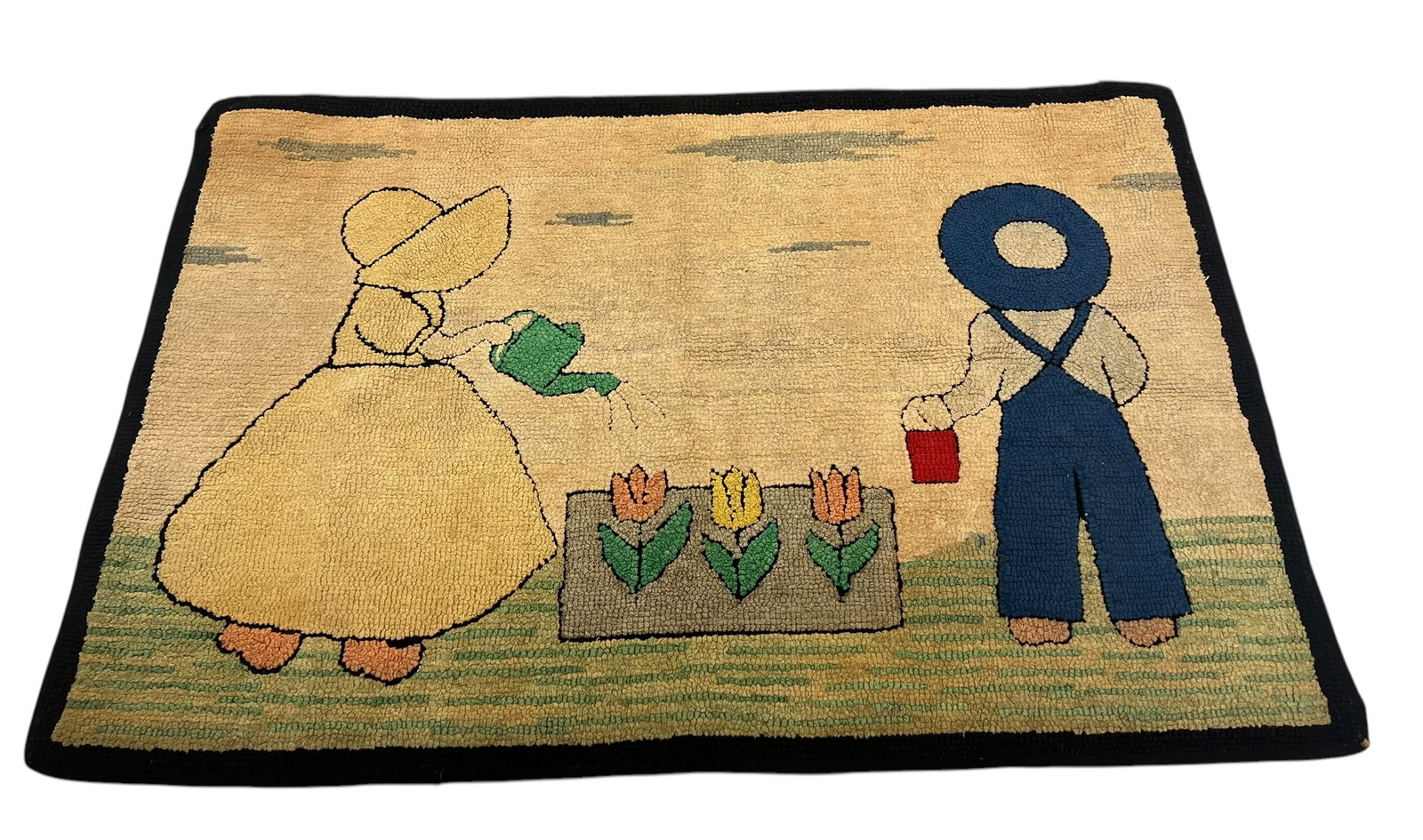 Antique Hand Hooked Rug with Boy and Bonnet Girl (1 of 7)