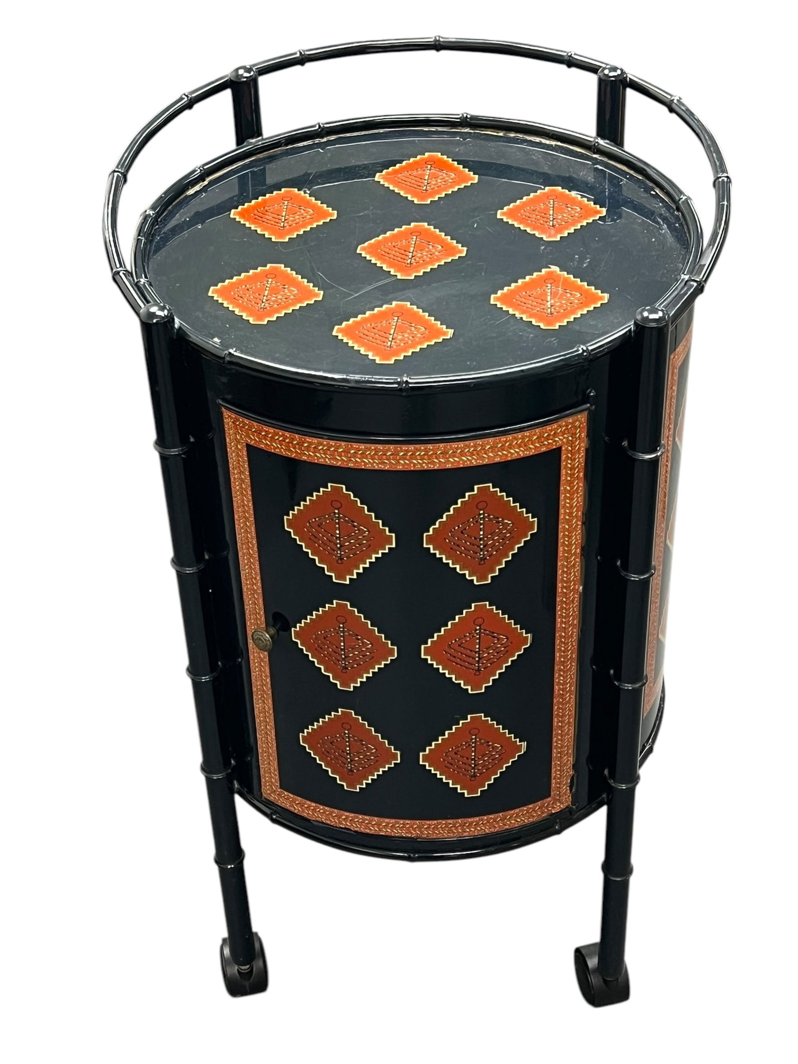 Mid Century Modern Tin Litho Metal Barrel Shaped Bar Cart: Mid Century Modern Tin Litho Metal Barrel Shaped Bar Cart.