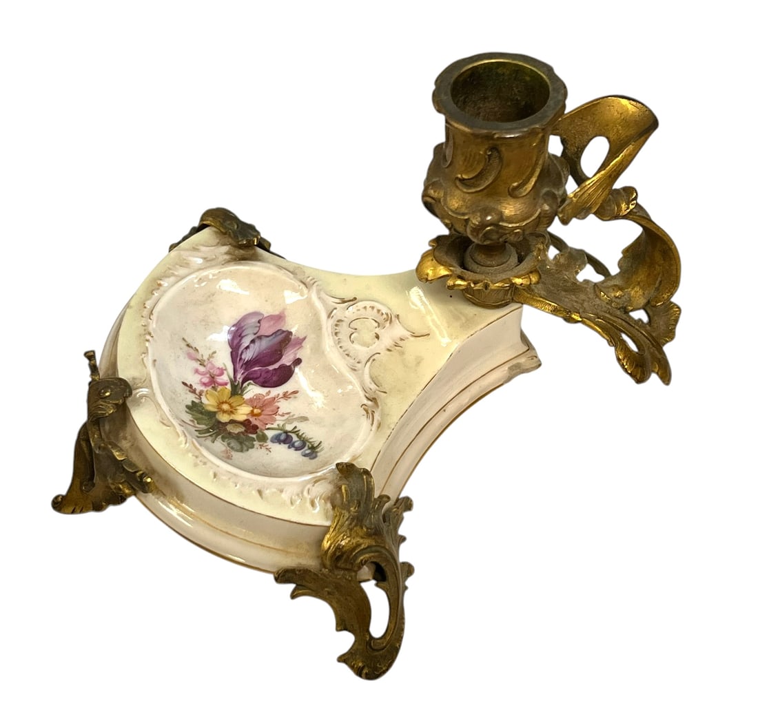 2 Fancy Victorian Porcelain Chamber Sticks Candlesticks: Lot of 2 Fancy Victorian Porcelain Chamber Sticks/Candlesticks. One with Gilded Metal and one Limoges.