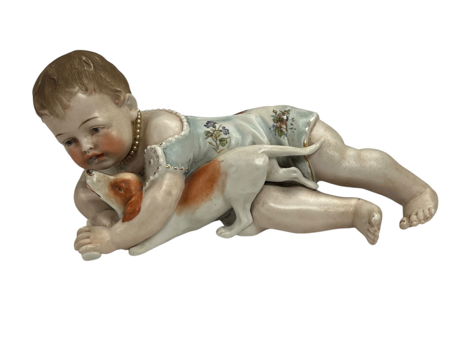 Antique German Bisque Porcelain Piano Baby with Dog: Antique German Bisque Porcelain Piano Baby with Dog.