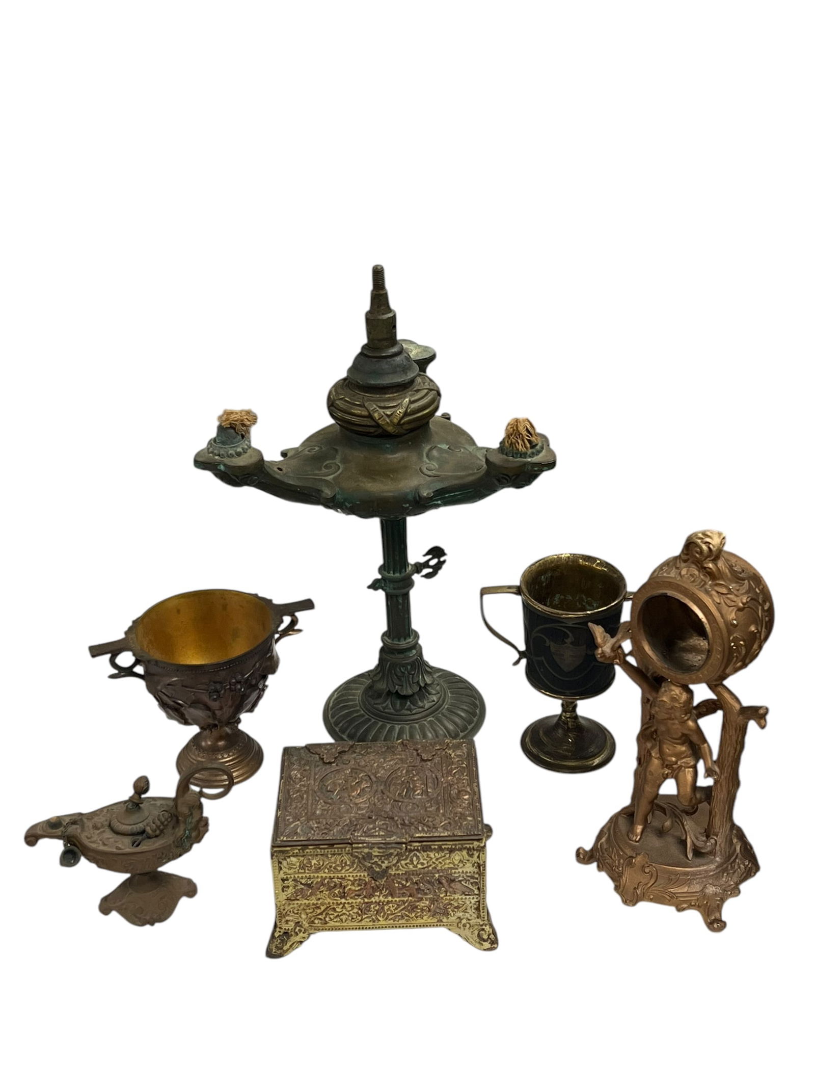 6 Piece Metal Lot with Oil Lamps Box Trophy Cup and Cherub Clock Case (1 of 10)