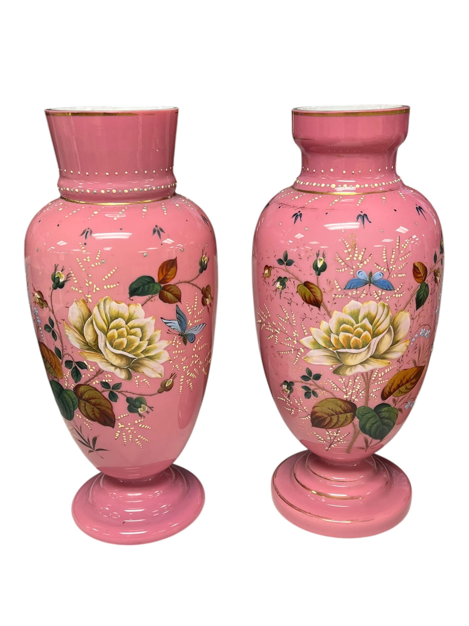 Pair of Antique Pink Bristol Glass Enamel Painted Floral Vases (1 of 8)