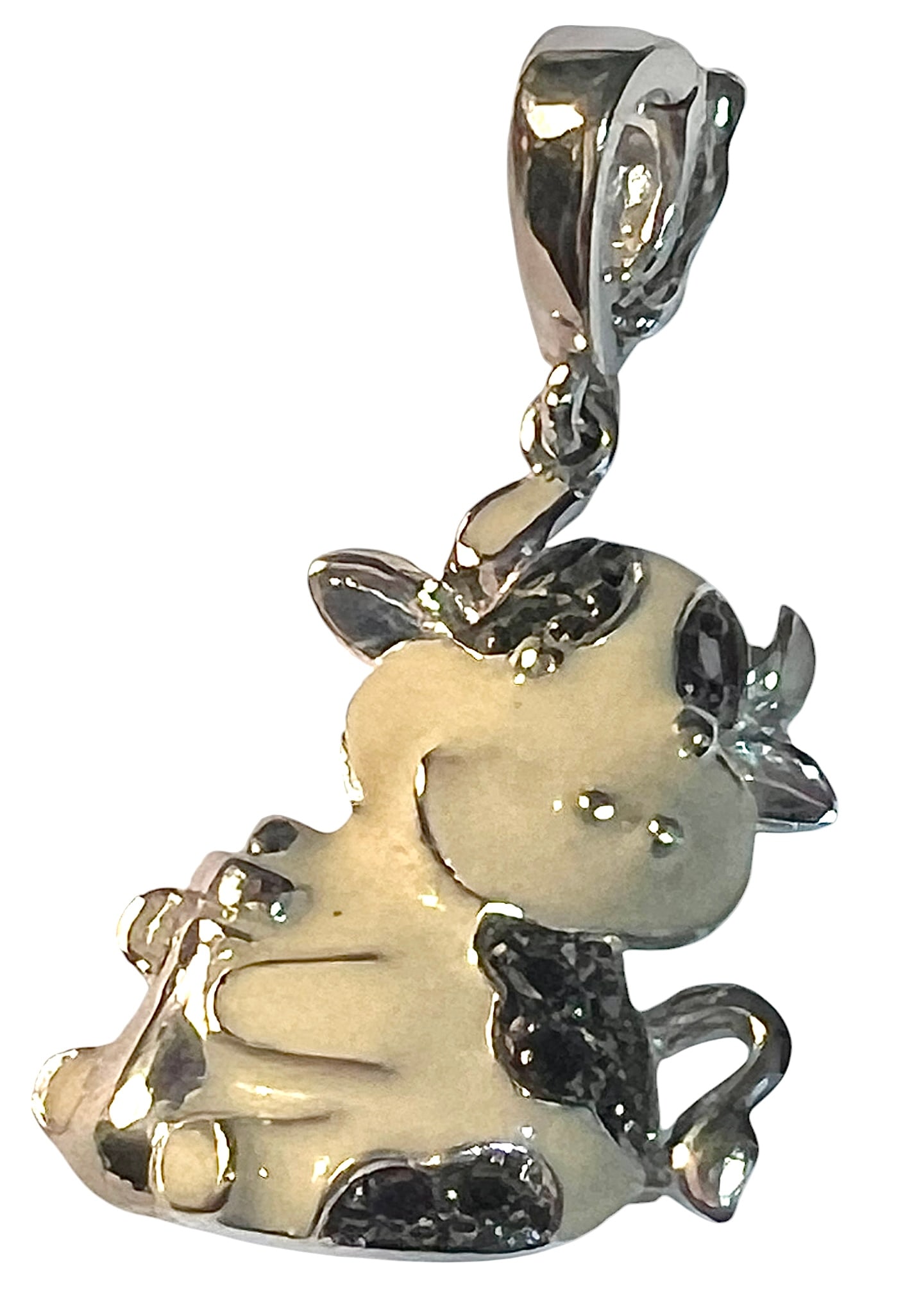 14K White Gold Enamel and Sapphire Cow Charm Pendant Enhancer: 14K White Gold Enamel and Sapphire Cow Charm, Pendant, Enhancer. It weighs 2.8 grams or 1.8 dwt.