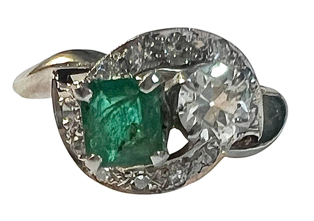 14K White Gold Emerald and Mine Cut Diamond Ring (1 of 10)