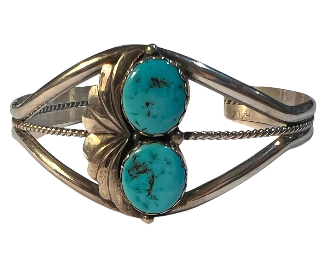 Native American Sterling Silver and Turquoise Cuff Bracelet: Native American Sterling Silver and Turquoise Cuff Bracelet. Signed K and sterling.