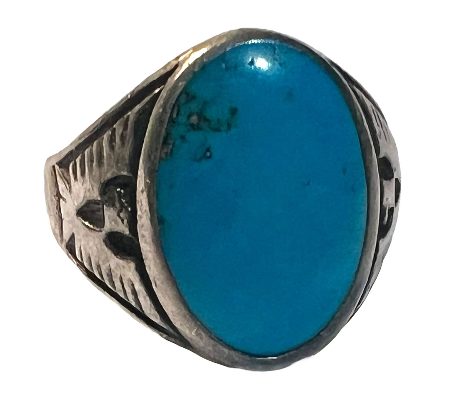 Native American Sterling Silver Turquoise Thunderbird Ring: Native American Sterling Silver and Turquoise Thunderbird Ring. Size 12.