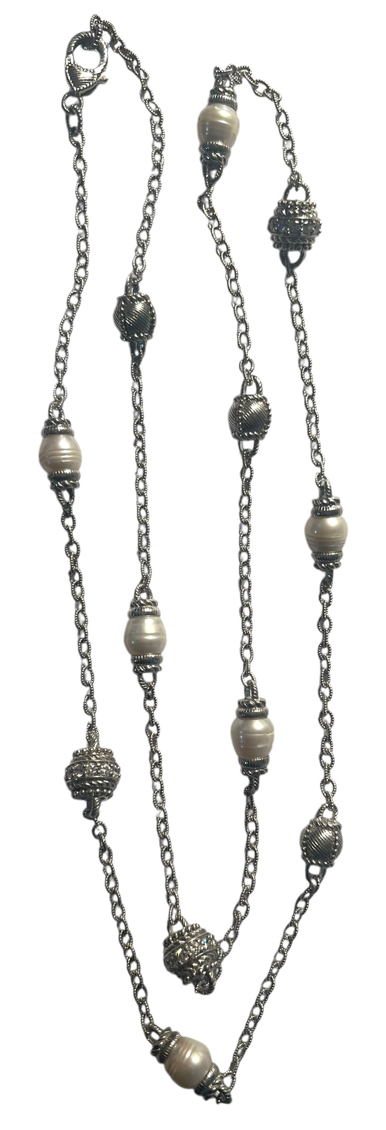 Judith Ripka Sterling Silver Long Chain with Pearls: Judith Ripka Sterling Silver Long Chain with Pearls. It is 36 inches long.