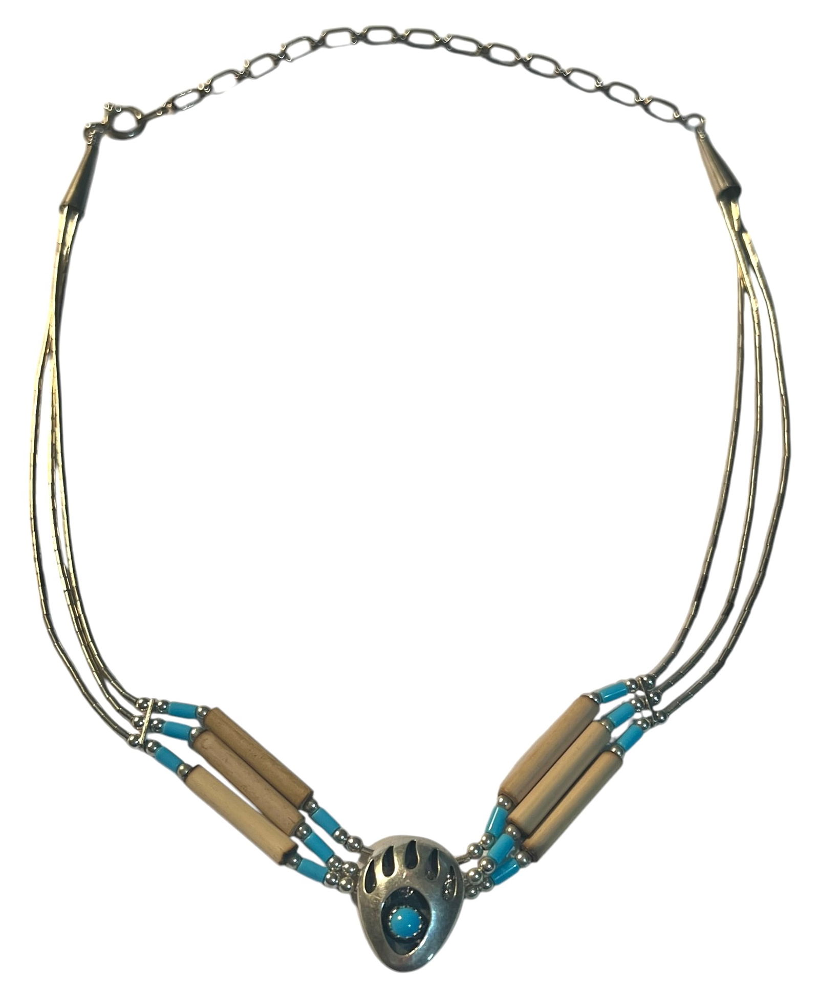 Native American Necklace Signed OT with Liquid Silver and Turquoise: Native American Necklace Signed O.T. with Liquid Silver and Turquoise