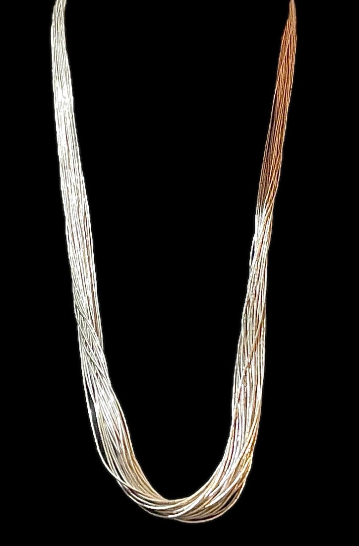 Long Native American 30 Strand Liquid Silver Necklace Signed (1 of 14)