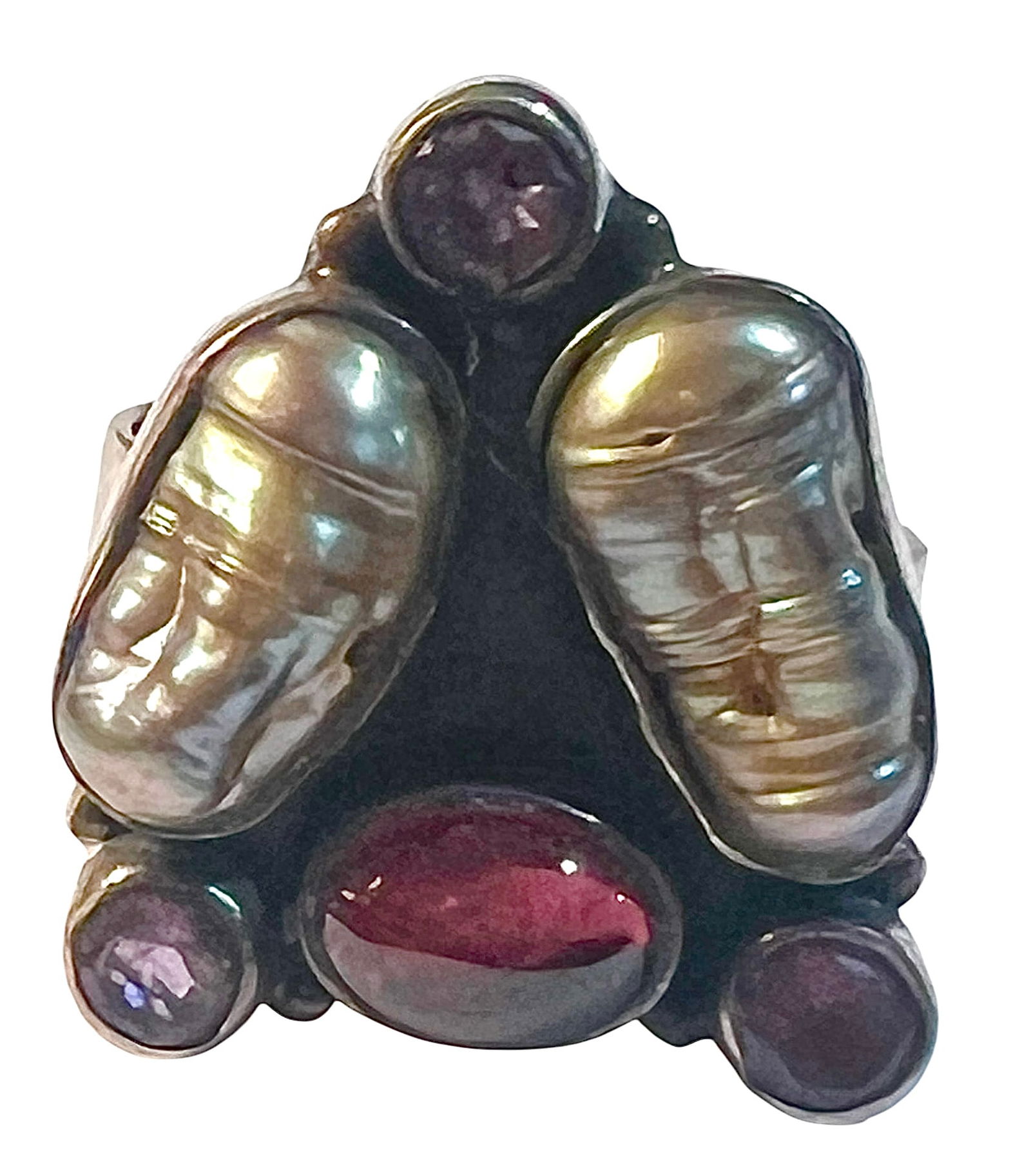 Modernist Sterling Silver Artisan Made Ring with Garnet Amethyst and Pearl (1 of 7)