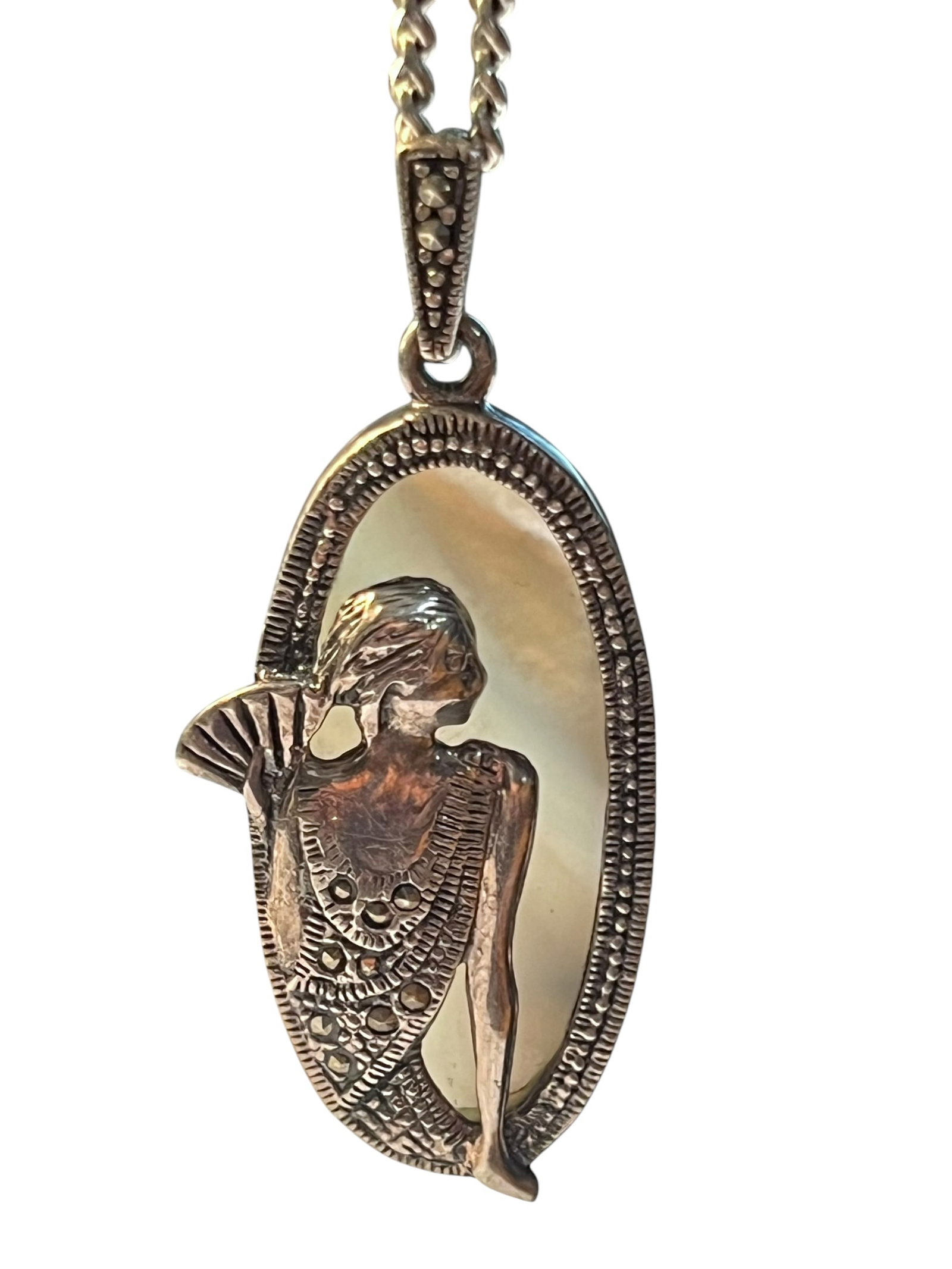 Art Deco Sterling Silver Pendant with MOP and Marcasite on Chain: Art Deco Sterling Silver Pendant with MOP and Marcasite on a Chain. Chain is 24 inches long.