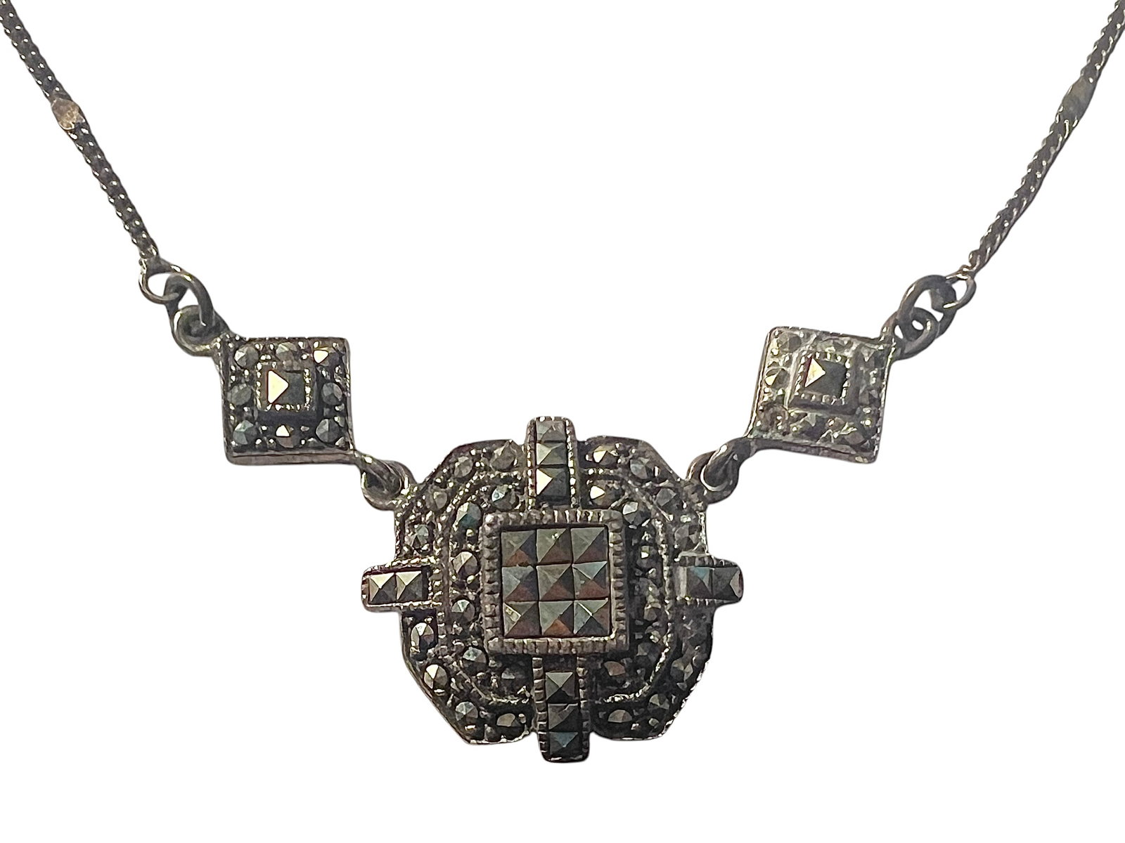 Art Deco Sterling Silver and Marcasite Necklace: Art Deco Sterling Silver and Marcasite Necklace. It is 16 inches long.