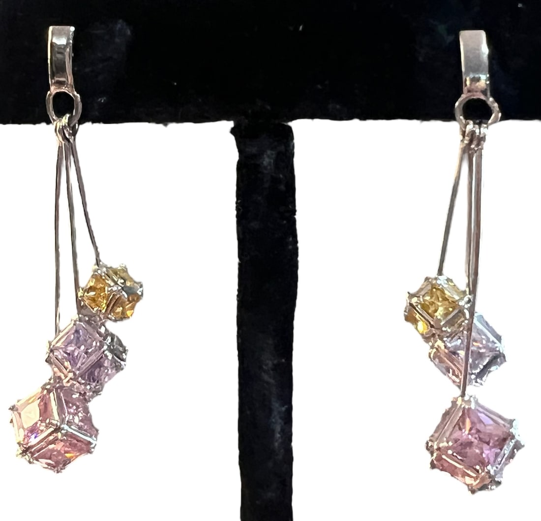 Modernist Sterling Silver Dangle Earrings with Amethyst Rose Quartz and Citrine (1 of 6)