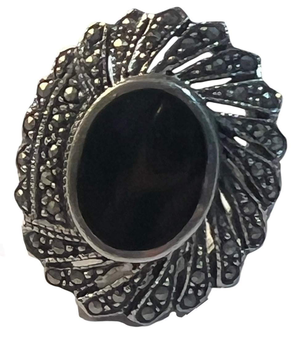 Art Deco Style Sterling Silver Black Onyx and Marcasite Ring (1 of 7)