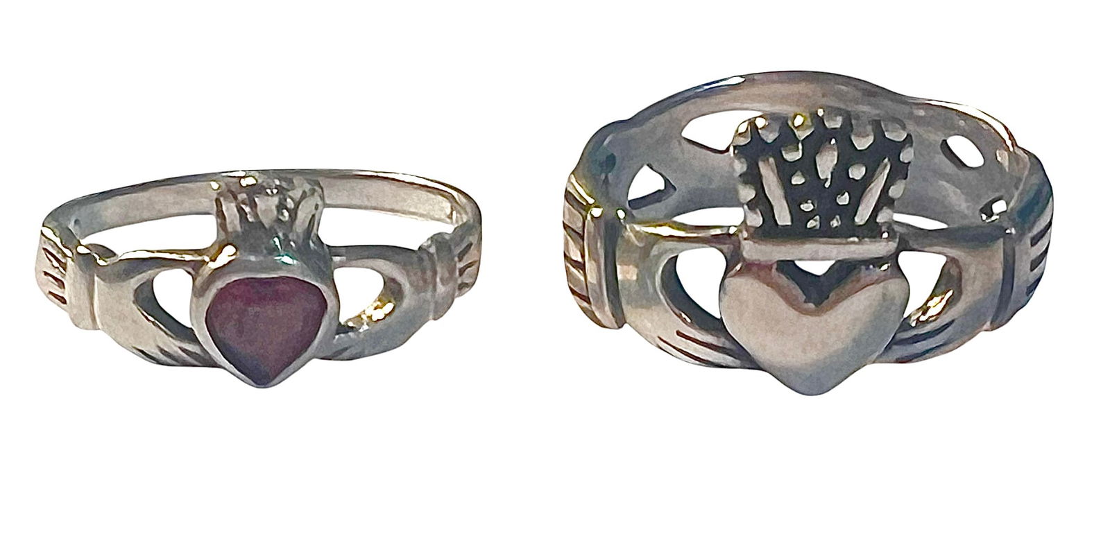 Lot of 2 Sterling Silver Claddagh Rings 1 with a Garnet (1 of 10)