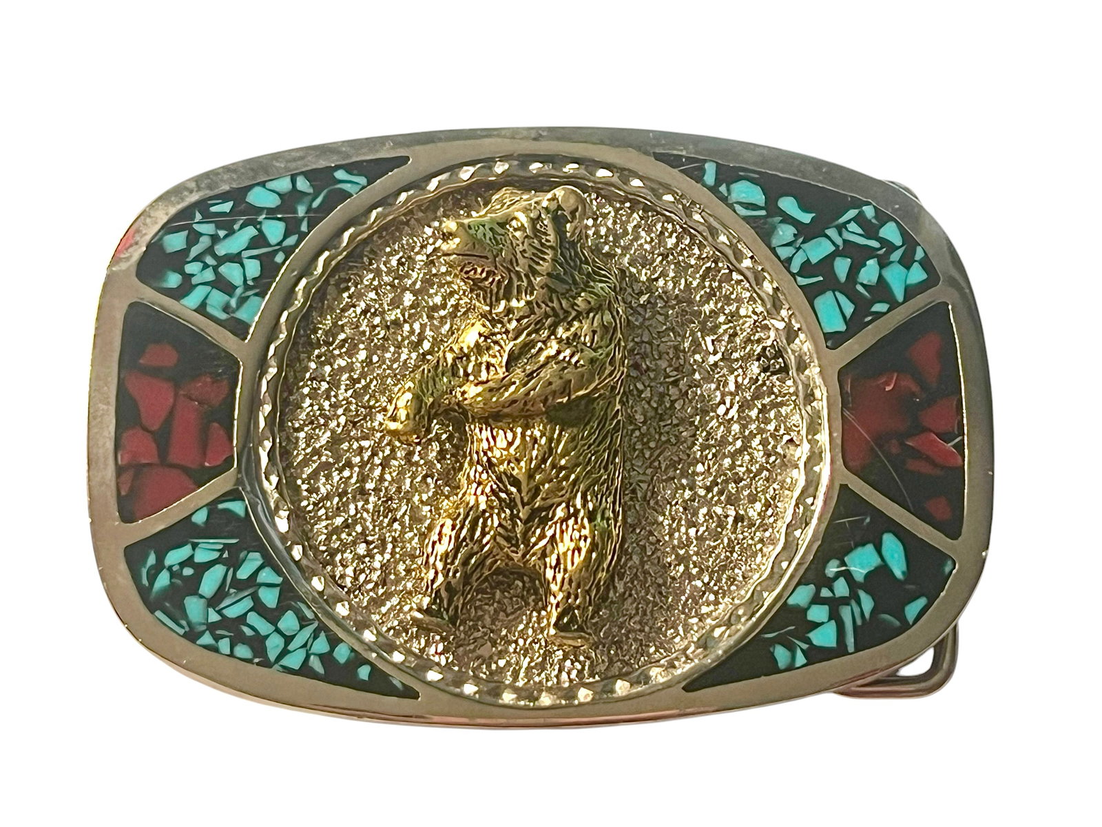 Vintage Navajo MC Belt Buckle with Crushed Inlaid Turquoise and Bear Decoration: Vintage Navajo MC Belt Buckle with Crushed Inlaid Turquoise and Bear Decoration.