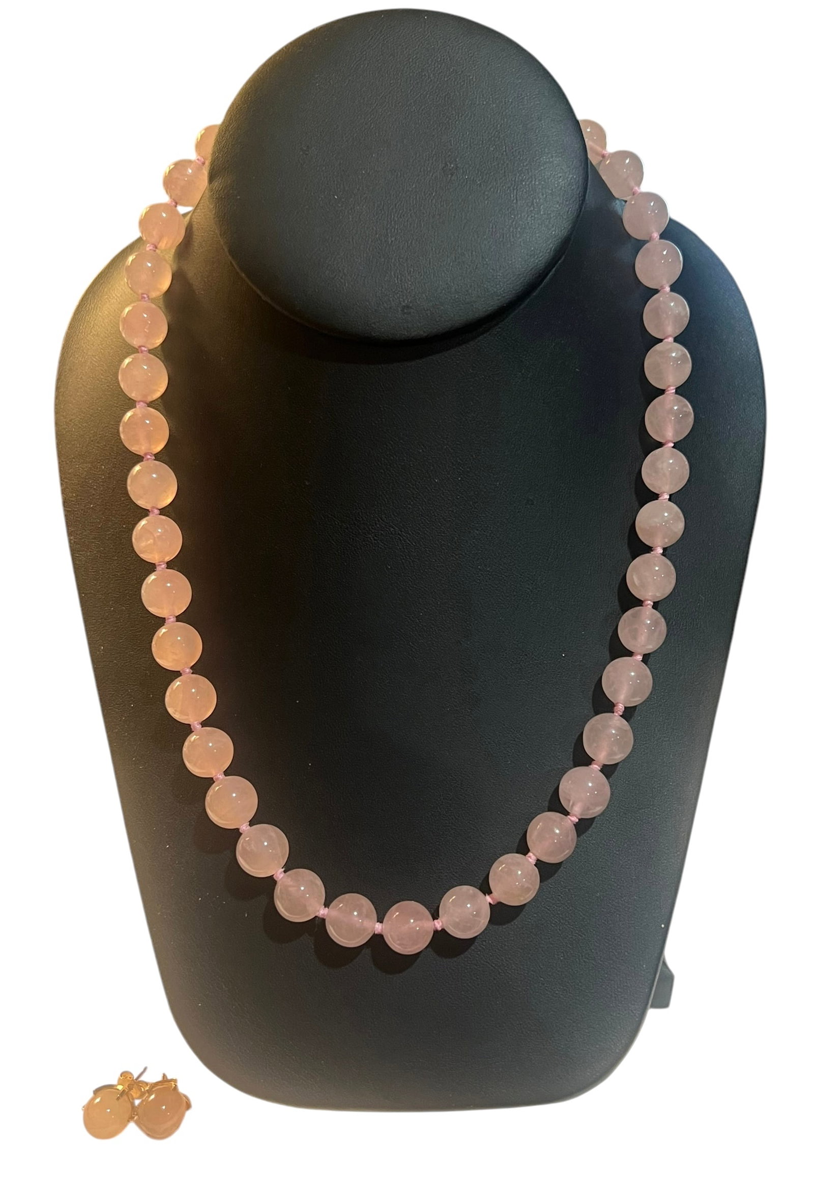 Rose Quartz Bead Necklace with Matching Earrings: Rose Quartz Bead Necklace with Matching Earrings. The necklace is 18 inches.
