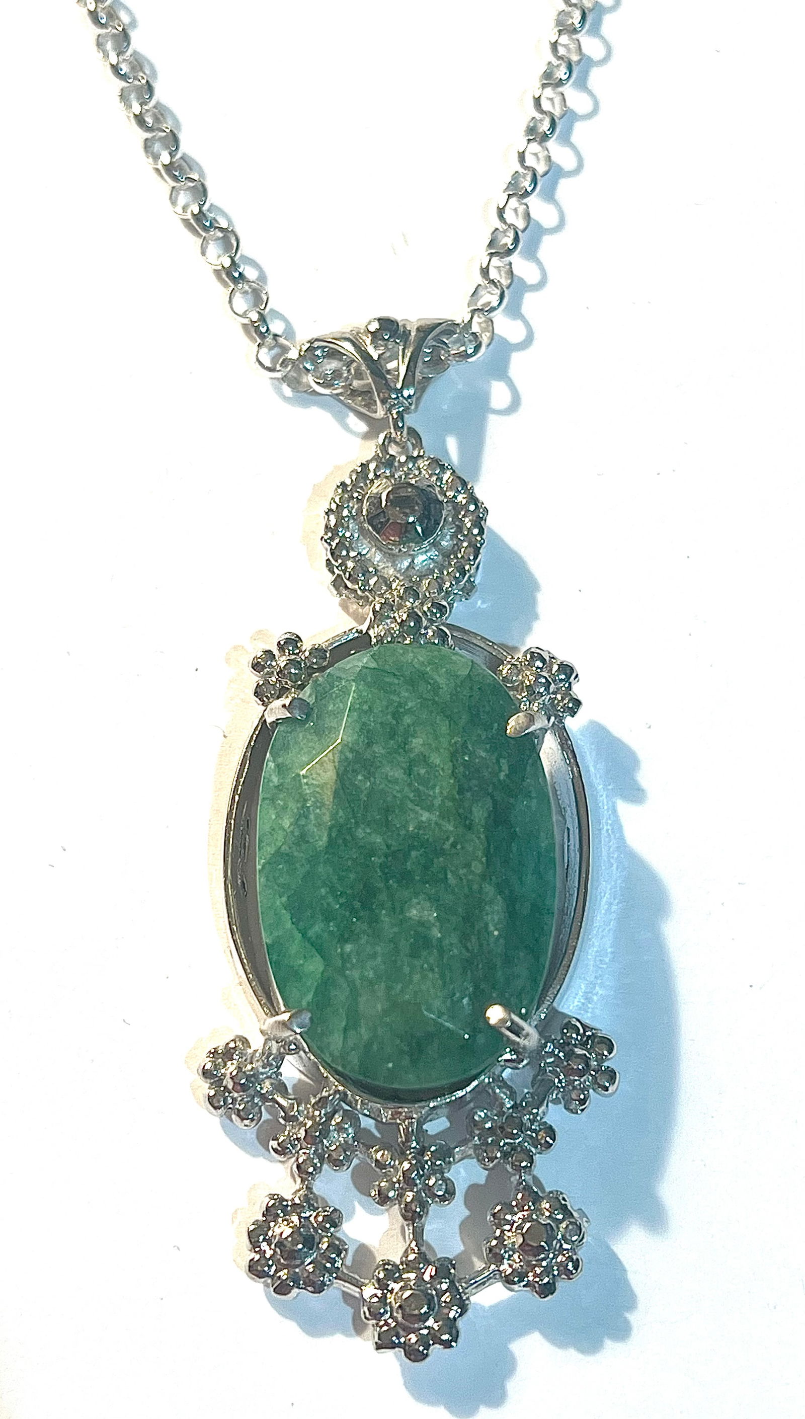 Giant Sterling Silver Green Stone Pendant on an Italian Sterling Chain (1 of 5)