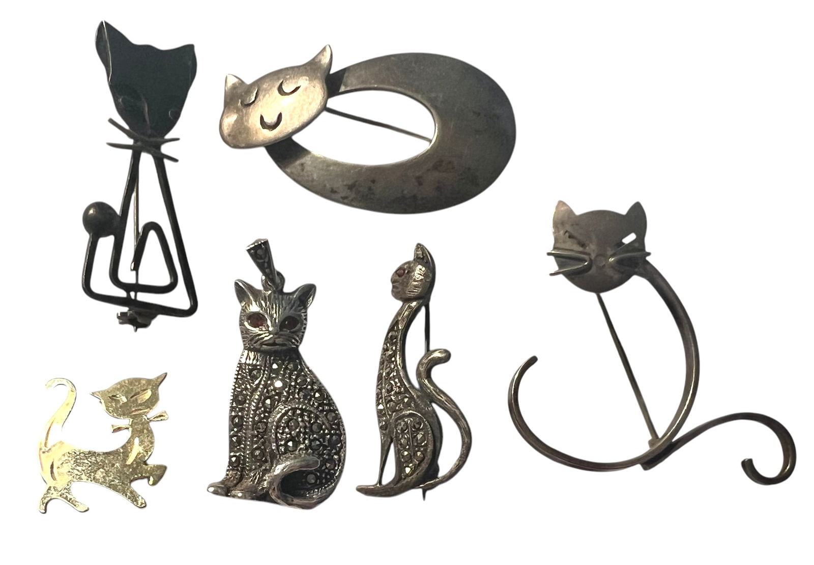 Lot of 4 Sterling Silver Cat Brooches 1 Sterling Marcasite Cat Pendant and 1 Gold-filled Cat (1 of 11)