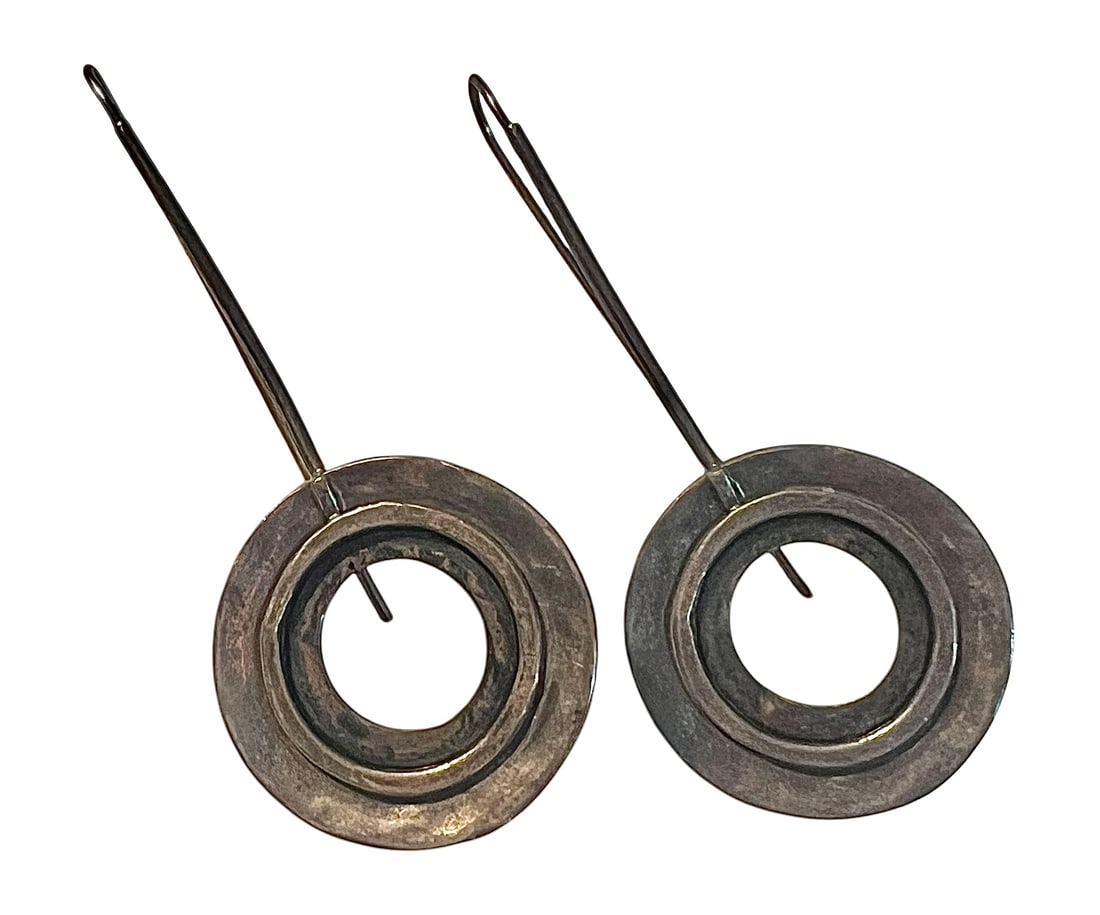 Vintage Modernist Sterling Silver Silpada Long Hook Hammered Disc Earrings (1 of 7)