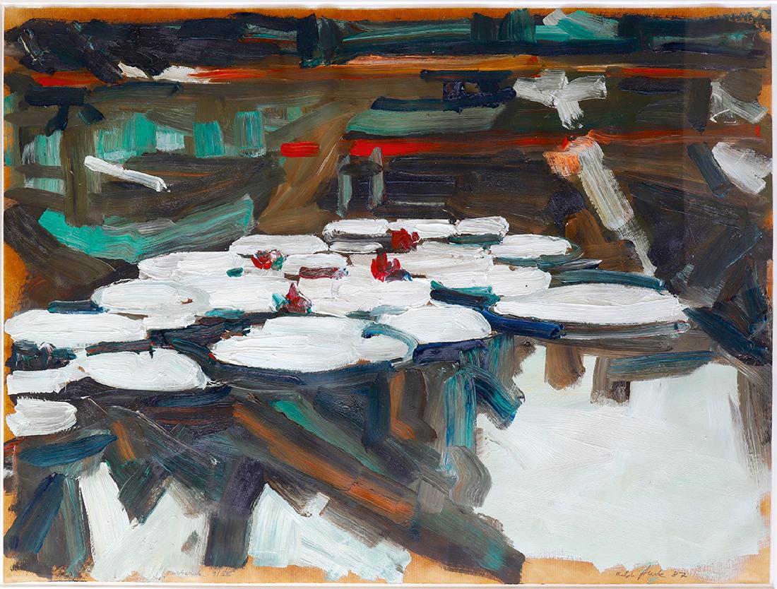Ralph Fleck* (*1955): From the series Giverny. Oil paint on brown paper. Sheet size 74.5 x 100 cm. Ralph Fleck 87 signed lower right. Lower left titled 'TeichstÃ¼ck 9/7'. Framed behind glass., 1987