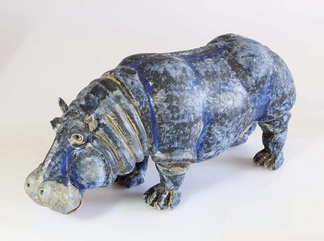 Hippopotamus Beate Kuhn: Ceramics. Porcelain tiles. Multi-tone blue-gray glaze painting. 15.5 x 35 x 13 cm., 1996, Provenance: Rhine area private collection. Acquired from Beate Kuhn.