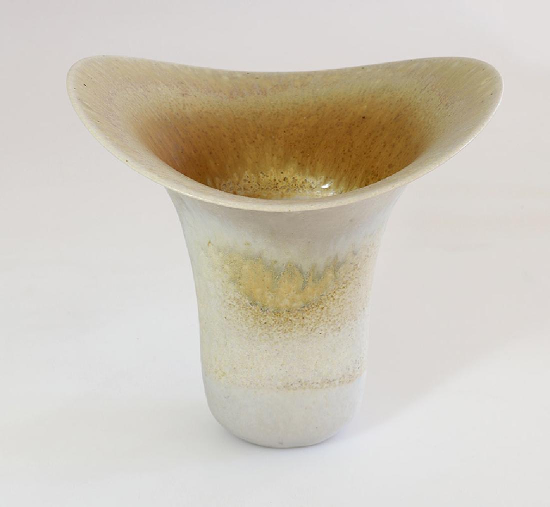 Gotlind Weigel, Wing Vessel: Ceramics. Stoneware. Mat crystal glaze in ocher and bright multicolor beige-gray. Ovoide shape with wide mouth. 21 x 22.5 x 25 cm. Marked on the ground: workshop mark (stamp).