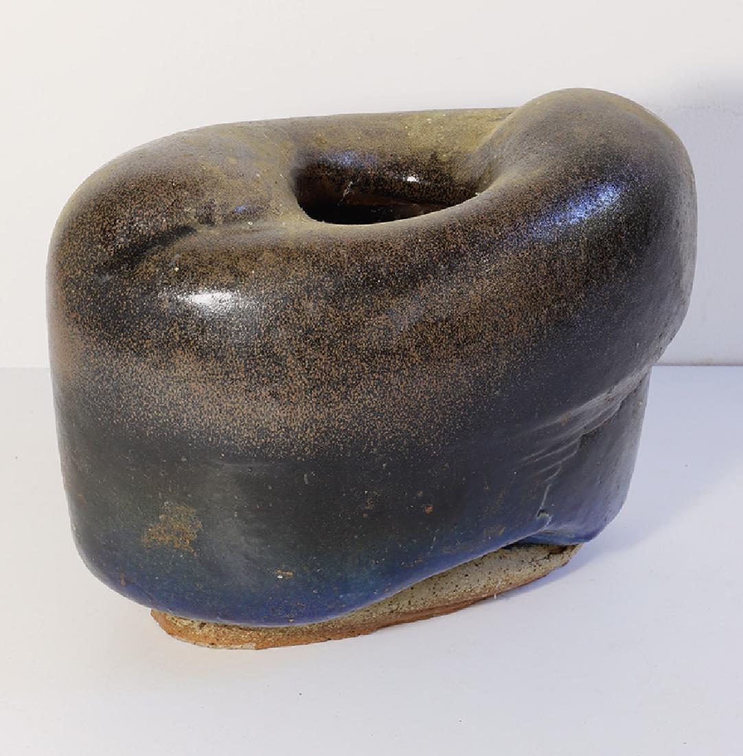 Philippe Lambercy, big vessel / sculpture: Ceramics. Stoneware. Glazed black brown glossy, in the lower area blue, offset light brown stand. 32 x 41 x 25 cm. Marked at the bottom on the side: workshop mark (stamp). Provenance: 1975 acquired in