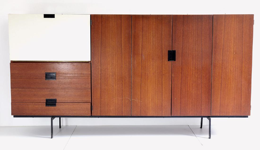 Highboard Cees Braakman: CU Series / Japanese Series. Wood. Front with 2 two-part doors, 1 ivory-colored writing flap and 4 drawers. 118 x 225 x 45 cm., 1950s