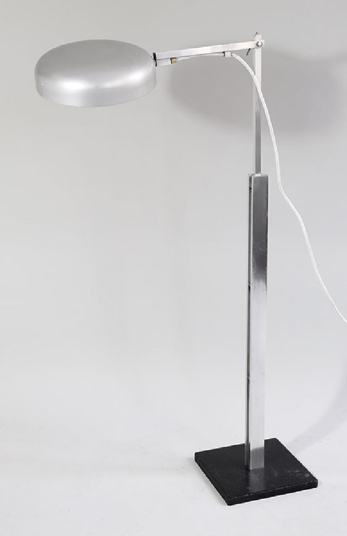 Floor lamp Mod. Sch 1 Schliephacke: Aluminum, black cast iron. H. 112 - 210 cm. Wilhelm Noack, Berlin, Design 1959, Schliephacke, Berlin architect and designer, pupil of Eduard Ludwig and in close contact with Ludwig Mies van der Rohe,