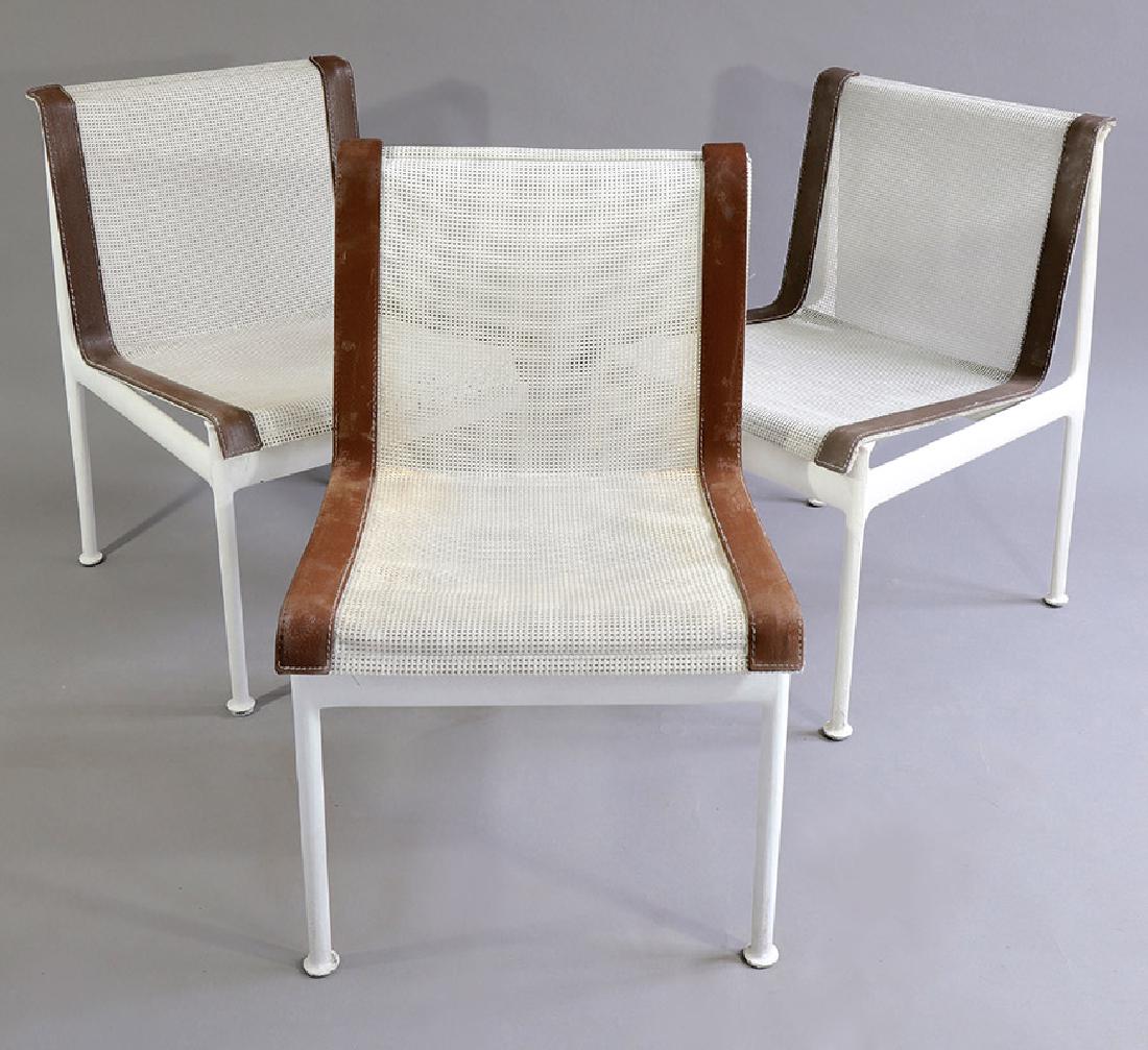 3 Chairs Model 1441 Leisure Collection Richard Schultz: Cast metal, painted white. Seat and back plastic fabric covered, on the side artificial leather stripes. 76 x 49 x 62 cm., Design 1966, Literature: Fiell, Charlotte & Peter, 1000 chairs, KÃ¶ln 2015,