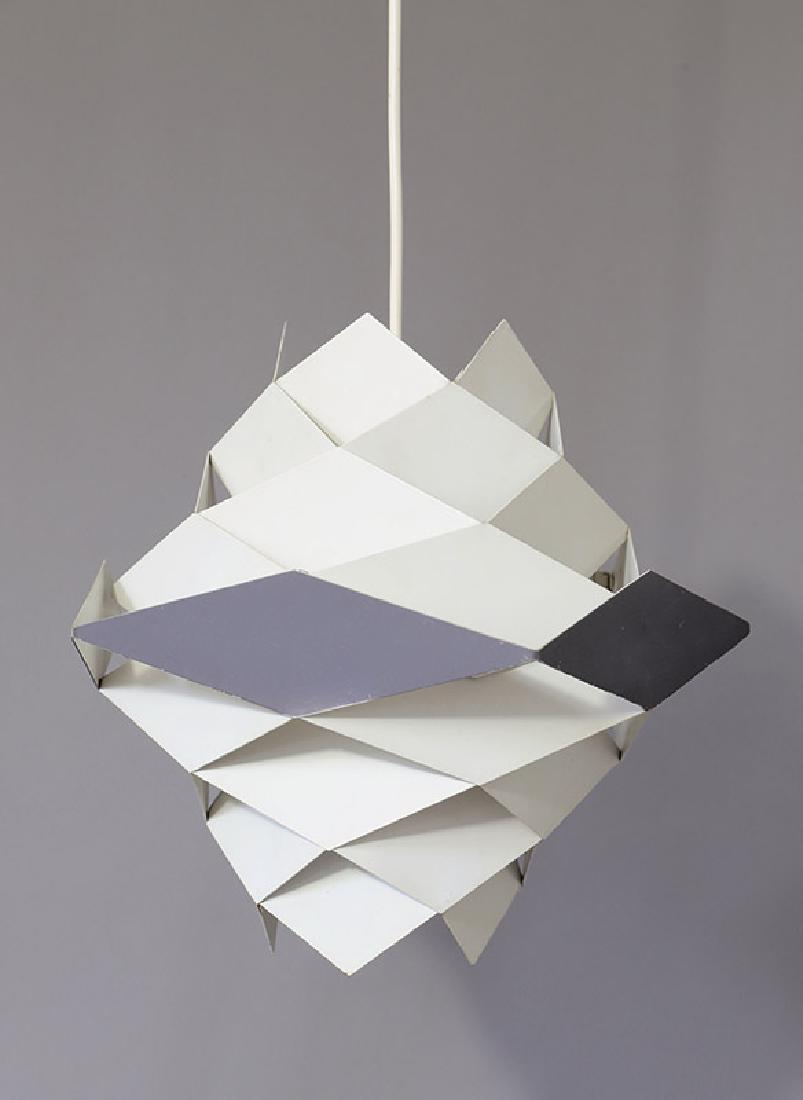 Hanging Lamp Preben Dahl, Følsgaard A/S: Metal, painted white and dark gray. Diamond-shaped elements, arranged in different layers one above the other. White porcelain socket. Approximately 29 x 30 x 30 cm., Design 1960s