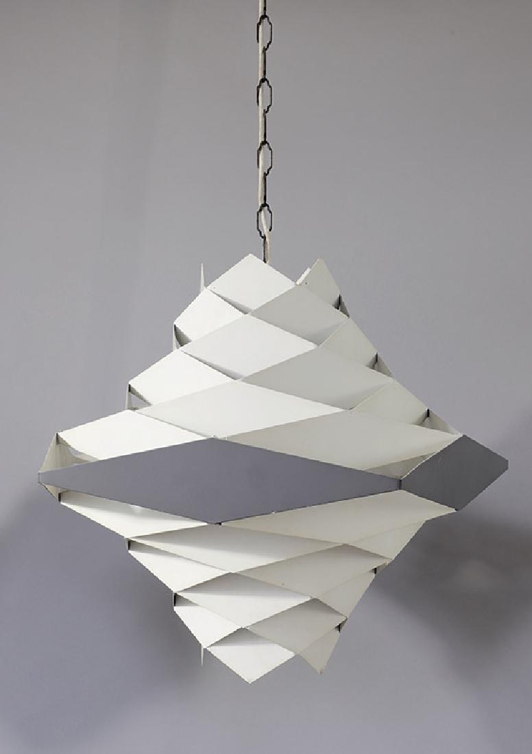 Hanging Lamp Preben Dahl, Følsgaard A/S: Metal, painted white and dark gray. Diamond-shaped elements, arranged in different layers one above the other. Approximately 39 x 50 x 50 cm., Design 1960s