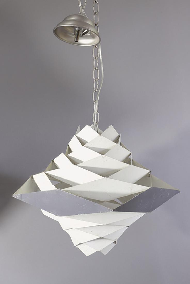 Hanging Lamp Preben Dahl, Følsgaard A/S: Metal, painted white and dark gray. Diamond-shaped elements, arranged in different layers one above the other. White porcelain socket. Approximately 52 x 65 x 65 cm., Design 1960s