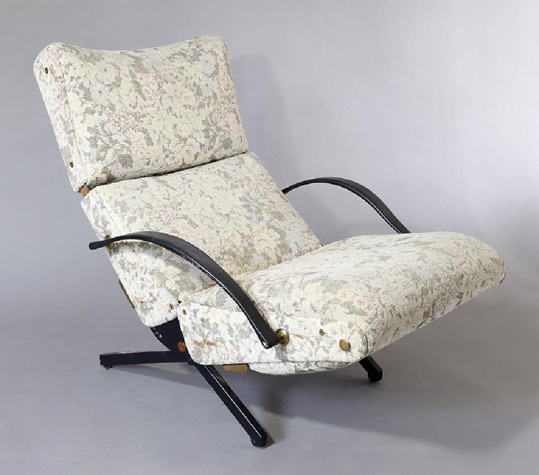 Armchair P40 Osvaldo Borsani Tecno design 1955: Black lacquered metal, latex foam padding with floral wool upholstery, steel spring armrests covered with rubber. Seat and backrest adjustable, extendable headboard and fold-out footboard. H. 98 cm, B