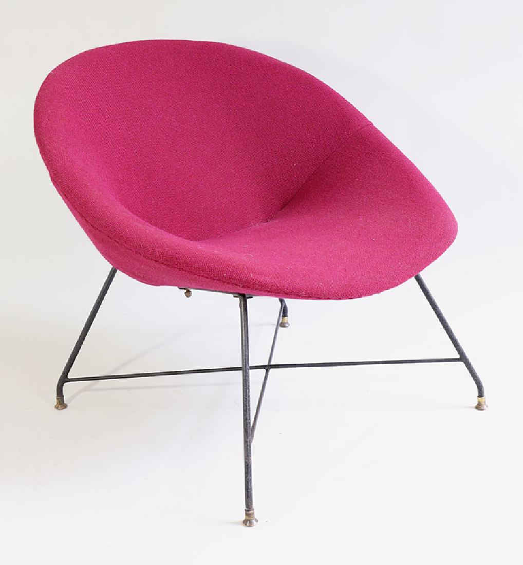 Chair Augusto Bozzi, Fratelli Saporiti: Base in black lacquered metal with brass feet, upholstered seat with raspberry red fabric cover. 67 x 74 x 70 cm. Labeled below with manufacturer label., Design 1950s