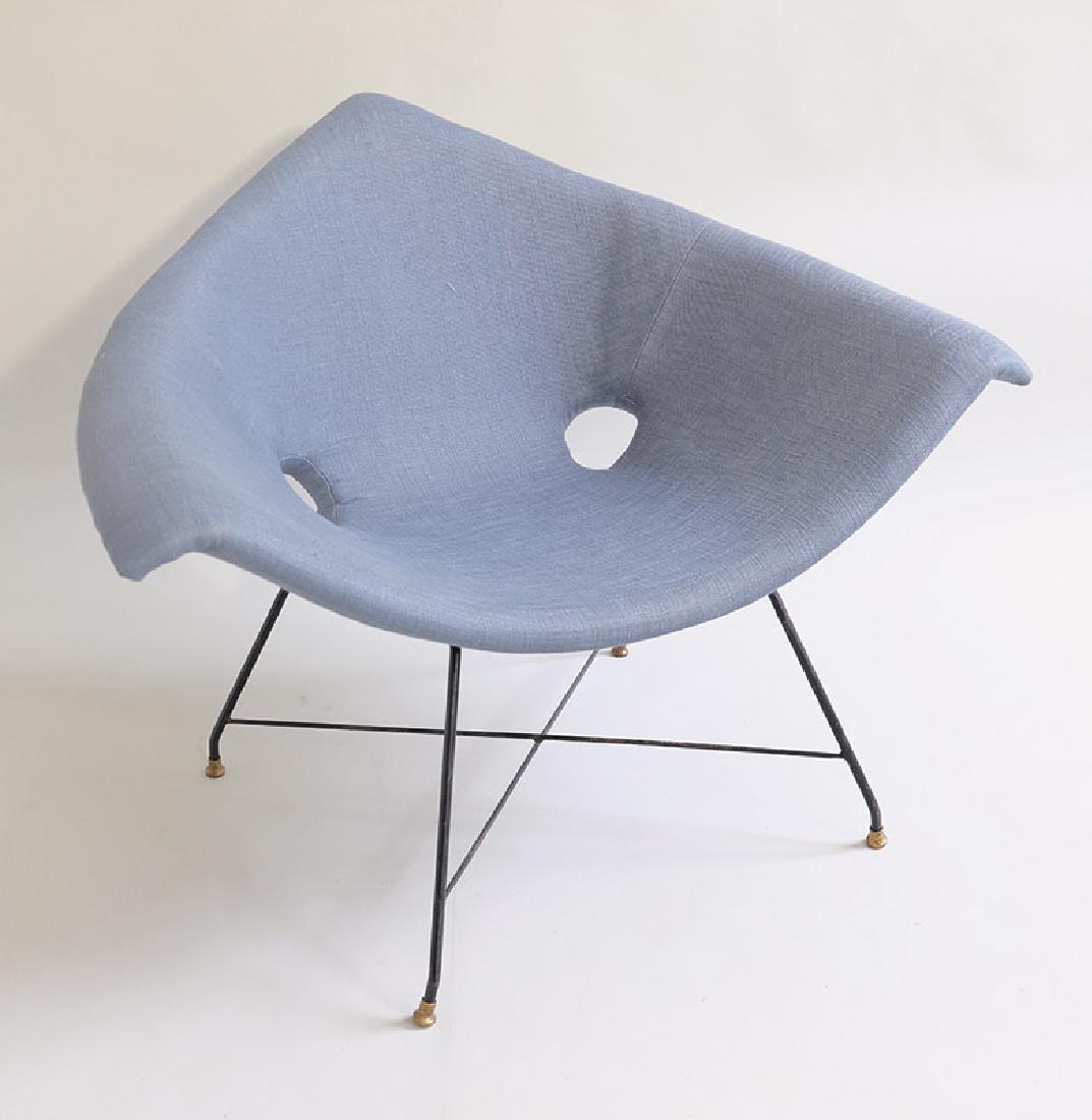 Chair Augusto Bozzi, Fratelli Saporiti: Base in black lacquered metal with brass feet, seat with two round recesses, upholstered, light blue fabric cover. 79 x 102 x 65 cm.