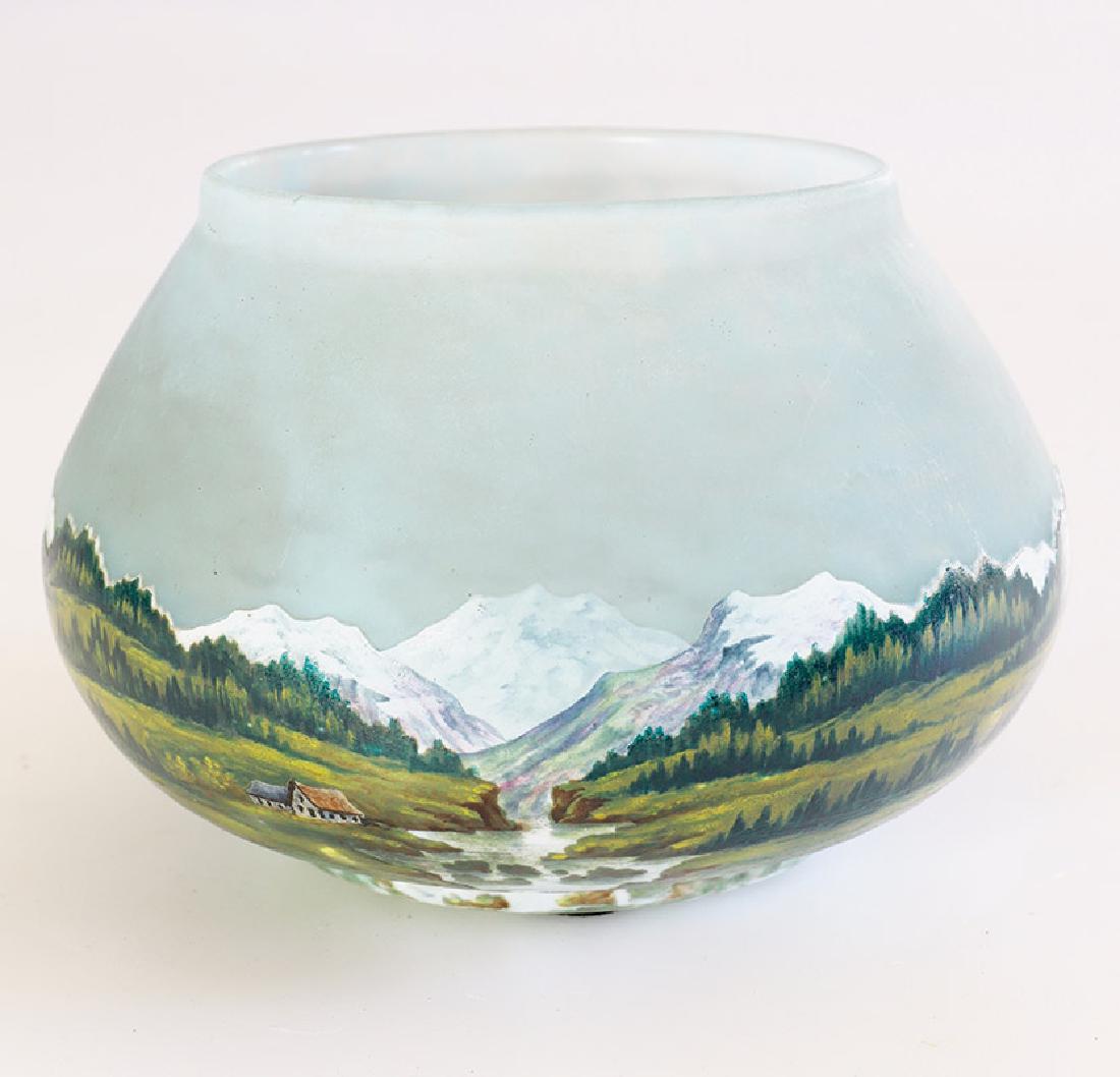 Daum Cameo Alpine Landscape Vase: Cameo glass. Multicoloured overlay, acid etched and enamelld decoration with an alpine landscape with glacier. H. 11,8 cn, D. 18 cm. Signed: DAUM NANCY with Cross of Lorraine., about 1900