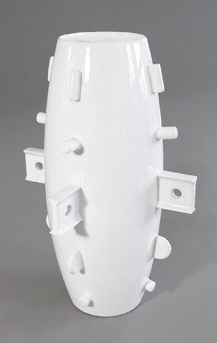Ovoide Vase Bugnati A.Mendini Museo Alchimia: Ceramics. Earthenware, glazed white. Stretched ovoid shape with applied elements. H. 28.5 cm. Marked on the ground: MUSEO ALCHIMIA (black stamp)., 1988, Worksmanship of Bugnati vases for Museo Alchimi