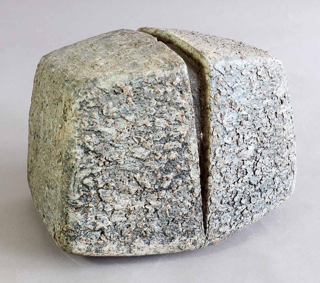 Gerald Weigel, Stone, Ceramics: Stone. Ceramics. Chamotte stoneware. Multi-tone greyish blue and mottled brown. H. 20 cm, 15.5 cm, W. 24 cm, D. 19 cm. Marked on the bottom with workshop label and workshop mark (stamp) and indistinct